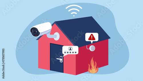 Home Security System. A house equipped with security systems, including a surveillance camera, a smart lock requiring a password, and a fire alarm.