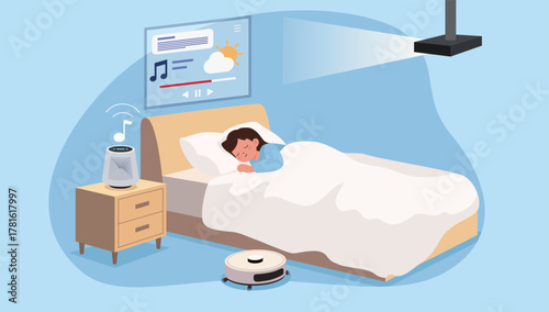 A person sleeping in a modern bedroom equipped with smart home devices, including a smart speaker playing music, a projector displaying content on the wall, and a robot vacuum cleaner. Smart Home.