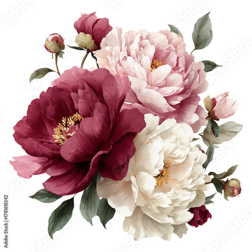 Watercolor bouquet of red and pink peony flowers with green leaves isolated on white background, romantic floral painting for wedding or interior decoration