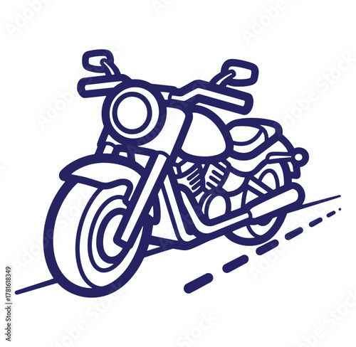 Blue line art illustration of a classic cruiser motorcycle on a dotted road