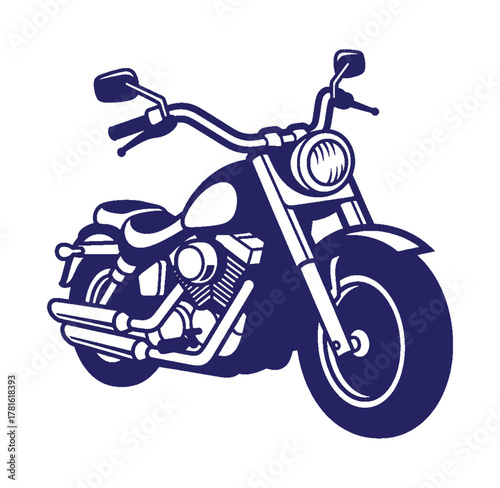 Bold blue silhouette illustration of a classic cruiser motorcycle on white background