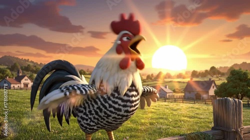 A colorful cartoon rooster crowing joyfully at dawn, symbolizing a bright new morning. Perfect for children’s story animation or learning visuals.