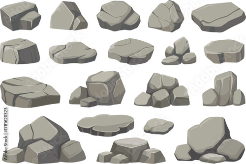 Collection of 18 gray stone and rock illustrations, natural shapes and boulders set, cartoon style geology elements isolated on white background