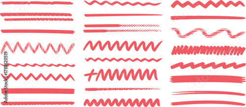 Collection of red highlighter and marker stroke lines, wavy, zigzag, and straight brush marks isolated on white background illustration