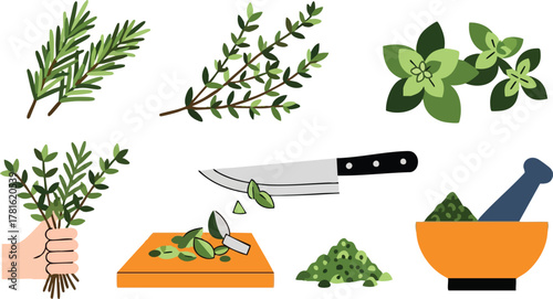 Pixel Art Herbs Rosemary Thyme Oregano With Knife Mortar Pestle Preparation For Cooking