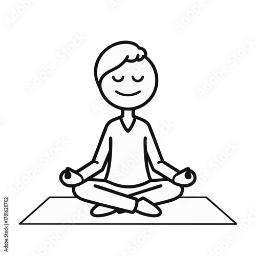 A simple stick figure illustration depicts a person calmly meditating in the lotus position on a mat, symbolizing peace, mindfulness, and relaxation.