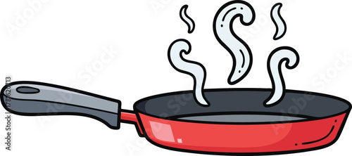 Red Frying Pan With Steam Rising From It On A White Background