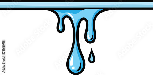 Blue liquid dripping from a flat surface with a clear background