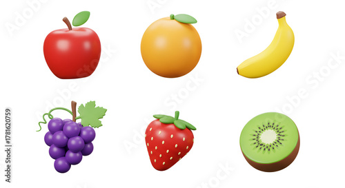 Collection of Six Realistic 3D Rendered Fruits Isolated on White Background.
