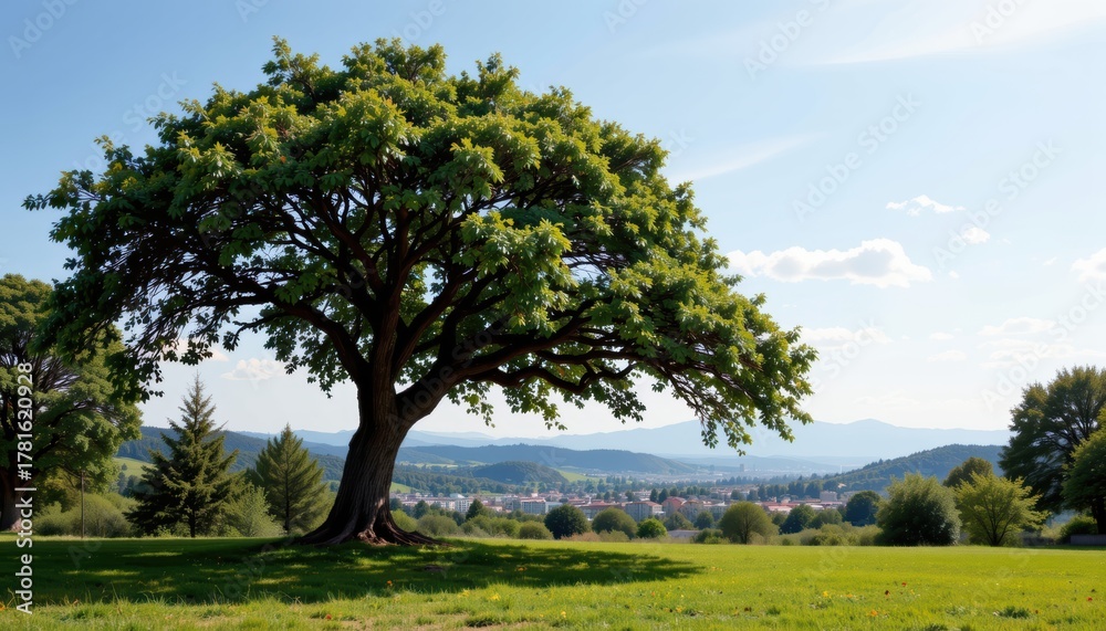 Fototapeta premium A large tree stands majestically against a scenic landscape with mountains in the distance.