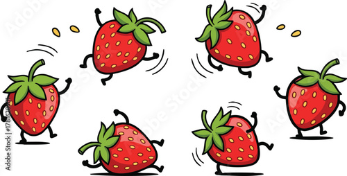 Cartoon Strawberries Dancing Joyfully With Tiny Seeds Floating Around Isolated On White Background