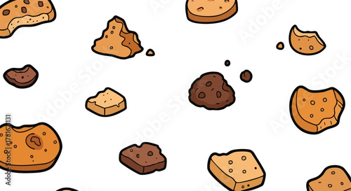 Scattered Cookie Crumbs and Pieces on a White Background a Pattern of Baked Goods and Sweet Treats