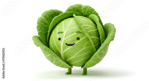 Cute Cabbage Character with Happy Face and Arms.
