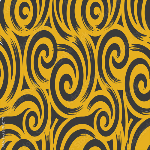 Dark grey swirling brush strokes on a mustard yellow background