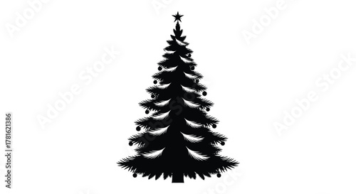 A beautifully decorated christmas tree in a stark black silhouette with a shining star on top