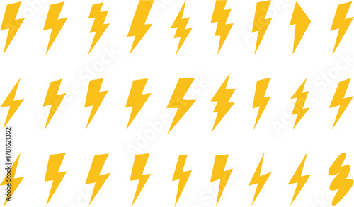 Collection of yellow lightning bolt icons in various styles, bold electric thunder shapes, modern flat energy design symbols illustration