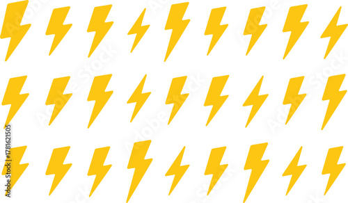 Collection of yellow lightning bolt icons in various styles, bold electric thunder shapes, modern flat energy design symbols illustration
