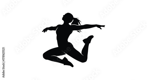 Graceful female dancer captured mid leap in a dynamic silhouette against a white background