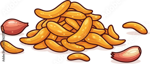 Pixel Art Pile Of Golden French Fries With Two Red Shallots On A White Background