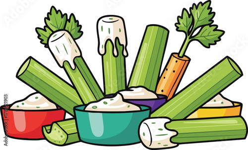 Healthy Vegetable Sticks With Dip In Colorful Bowls Vibrant And Fresh Appetizer