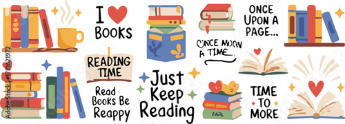 Colorful stack of books illustration with motivational reading quotes, flat cartoon style library elements, cozy reading time concept background design