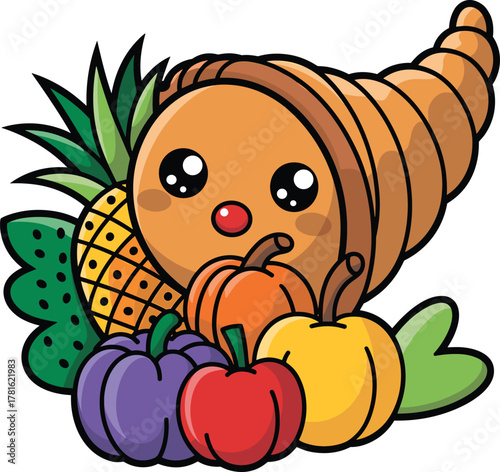 Cute cartoon cornucopia with kawaii fruits and vegetables, colorful harvest illustration, thanksgiving symbol, autumn abundance concept, festive seasonal design