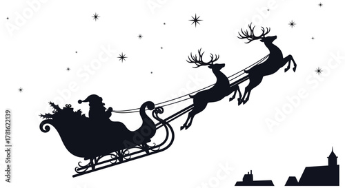 Santa claus and reindeer pulling sleigh across night sky with moon and stars silhouette