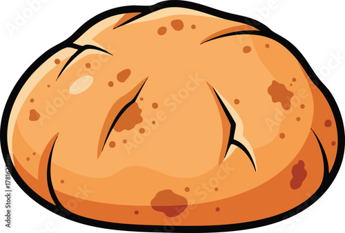 Round golden brown bread loaf with deep score marks and speckled crust isolated on white background studio lighting