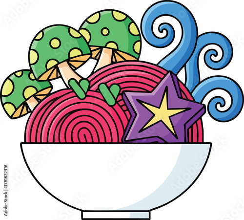 Whimsical Bowl With Psychedelic Mushrooms Yarn Swirls Blue Wave And Purple Star Decoration