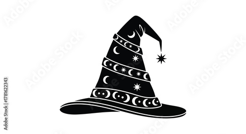 Mysterious black witch hat adorned with celestial moon and star patterns silhouette