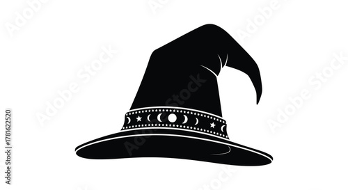 Classic black witch hat with moon phase band silhouette for halloween and magic themes