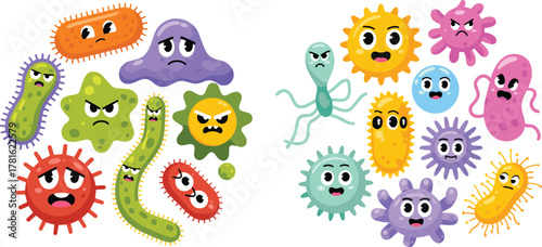 Cute colorful bacteria and virus cartoon characters illustration, funny germs and microbes with expressions, science biology education concept background