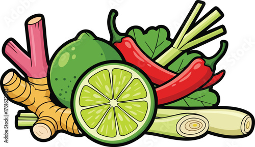 Thai Ingredients Lime Chili Ginger Galangal Lemongrass and Cilantro With a White Background