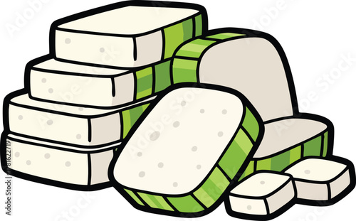 Stack Of Fresh Tofu Slices With Green Edges Isolated On White Background