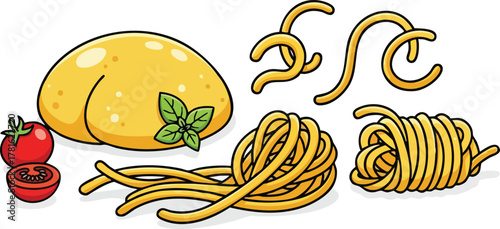 Pixel Art Illustration Of Raw Pasta Dough With Tomatoes And Spaghetti
