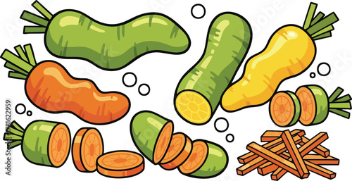 Pixel Art Assortment of Carrots And Radishes With Green Tops Cut Sliced And Whole On White Background