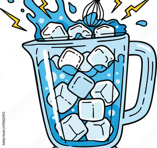 Cartoon pitcher full of ice cubes and water with splashes and lightning bolts on a white background
