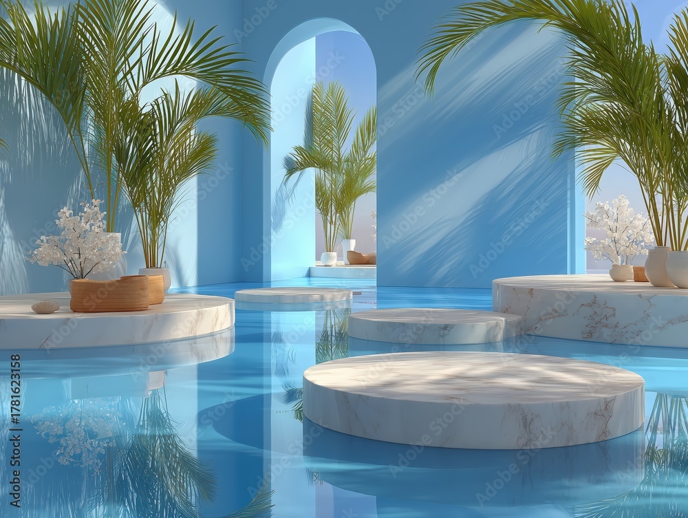 Obraz premium Light Blue Gradient Background with Palm Leaf Shadows and White Marble Platforms for Luxury Fashion Display