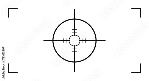 Minimalist black target scope with crosshairs and framing brackets on a white background, symbolizing accuracy, focus, and precision.