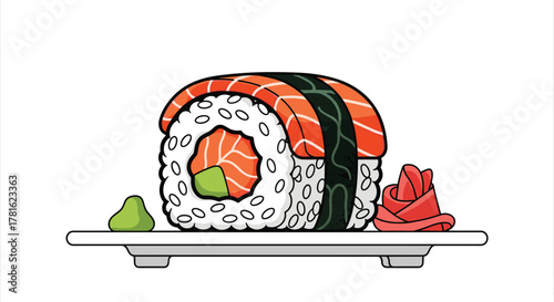 A colorful illustration of delicious sushi, including maki and nigiri, served with wasabi and pickled ginger on a white plate, ready to be enjoyed.