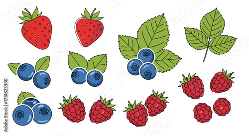 A vibrant assortment of fresh strawberries, blueberries, and raspberries, accompanied by green leaves, ready for a healthy snack or delicious dessert.