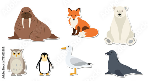 Illustrated set of various arctic and cold-climate animals, including a walrus, fox, polar bear, owl, penguin, seagull, and seal.