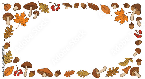 A decorative autumn frame with hand-drawn mushrooms, colorful fallen leaves, acorns, and red berries on a white background.