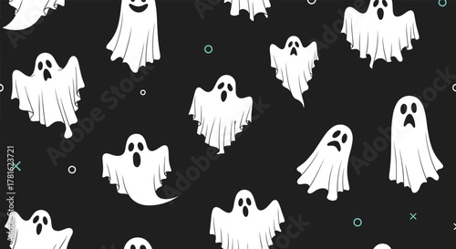 Spooky seamless pattern with cute white ghosts displaying various expressions on a dark background, perfect for Halloween decorations.