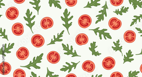 Seamless pattern with fresh hand-drawn tomato slices and bright green arugula leaves, perfect for culinary and healthy eating designs.