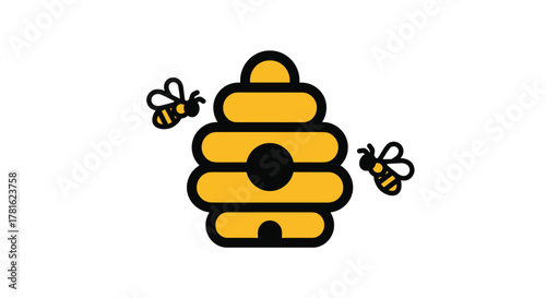 A cheerful illustration featuring a yellow beehive with two busy worker bees flying around, symbolizing teamwork and nature.