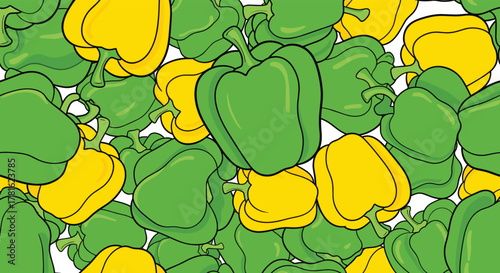 Illustration of various green and yellow bell peppers forming a lively, overlapping seamless background pattern.