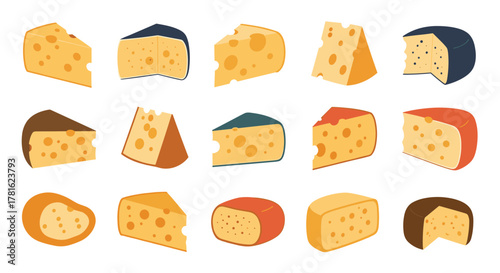 A diverse collection of various cheese types, showcasing different shapes, colors, and characteristic holes.