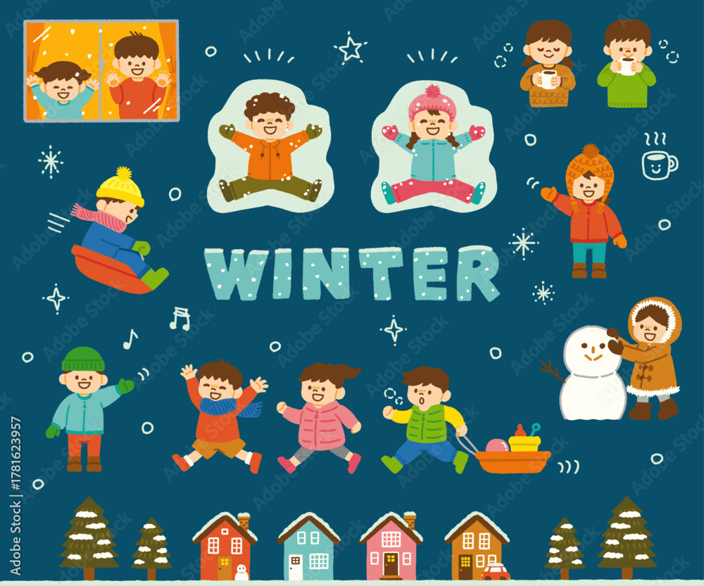 Fototapeta premium 冬 雪 子供 イラスト 手描き 雪遊び 冬服 セット デザイン素材