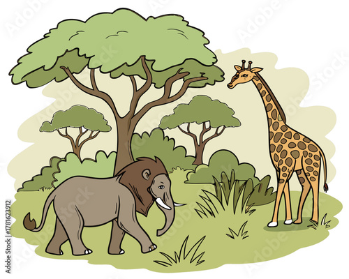 Cartoon savanna scene with lion, elephant, and giraffe under a large tree